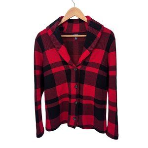 Chaps Sweater Jacket Mens S Red Black Buffalo Plaid Cotton Knit‎ Shawl Collar